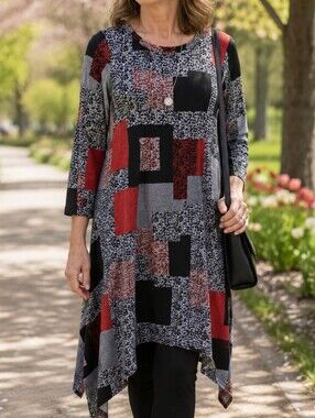 NWT Tango Mango Red Black Geometric Abstract Swing Tunic Dress Asymmetrical Hem